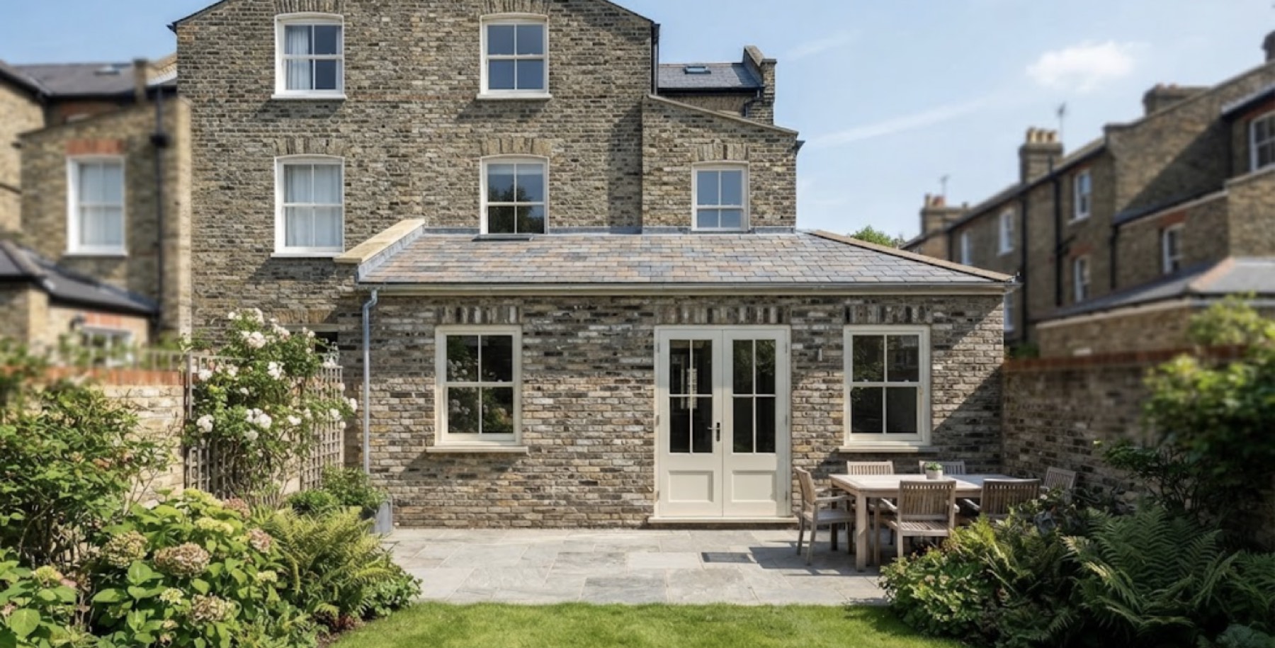 Brick rear extension with a pitched roof, seen from the garden