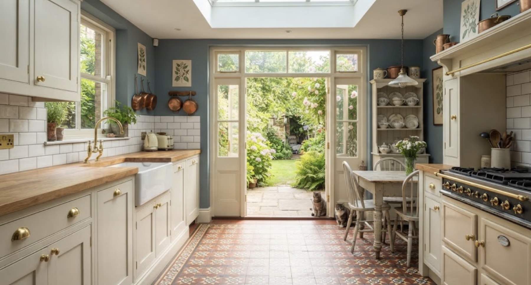 Renovated kitchen with garden doors and a rooflight above