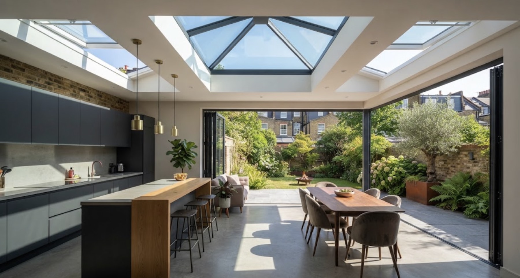 Kitchen extension with a roof lantern and bi-fold doors to the garden