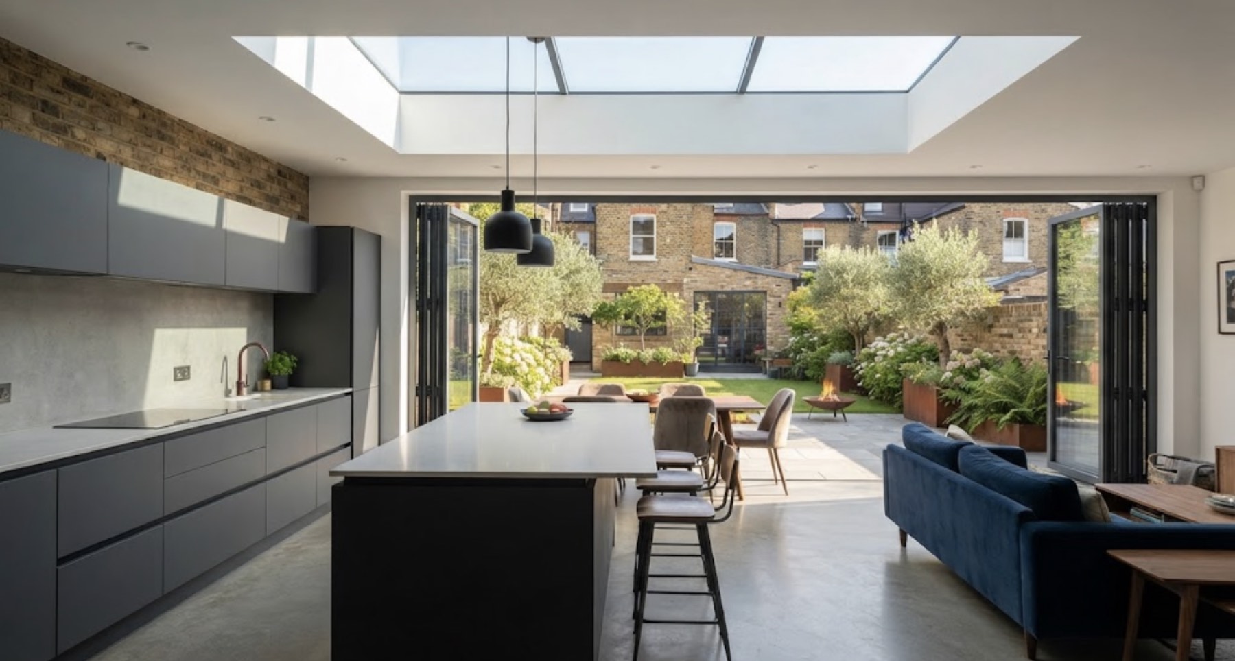 Kitchen island beneath a rooflight, opening onto a garden terrace