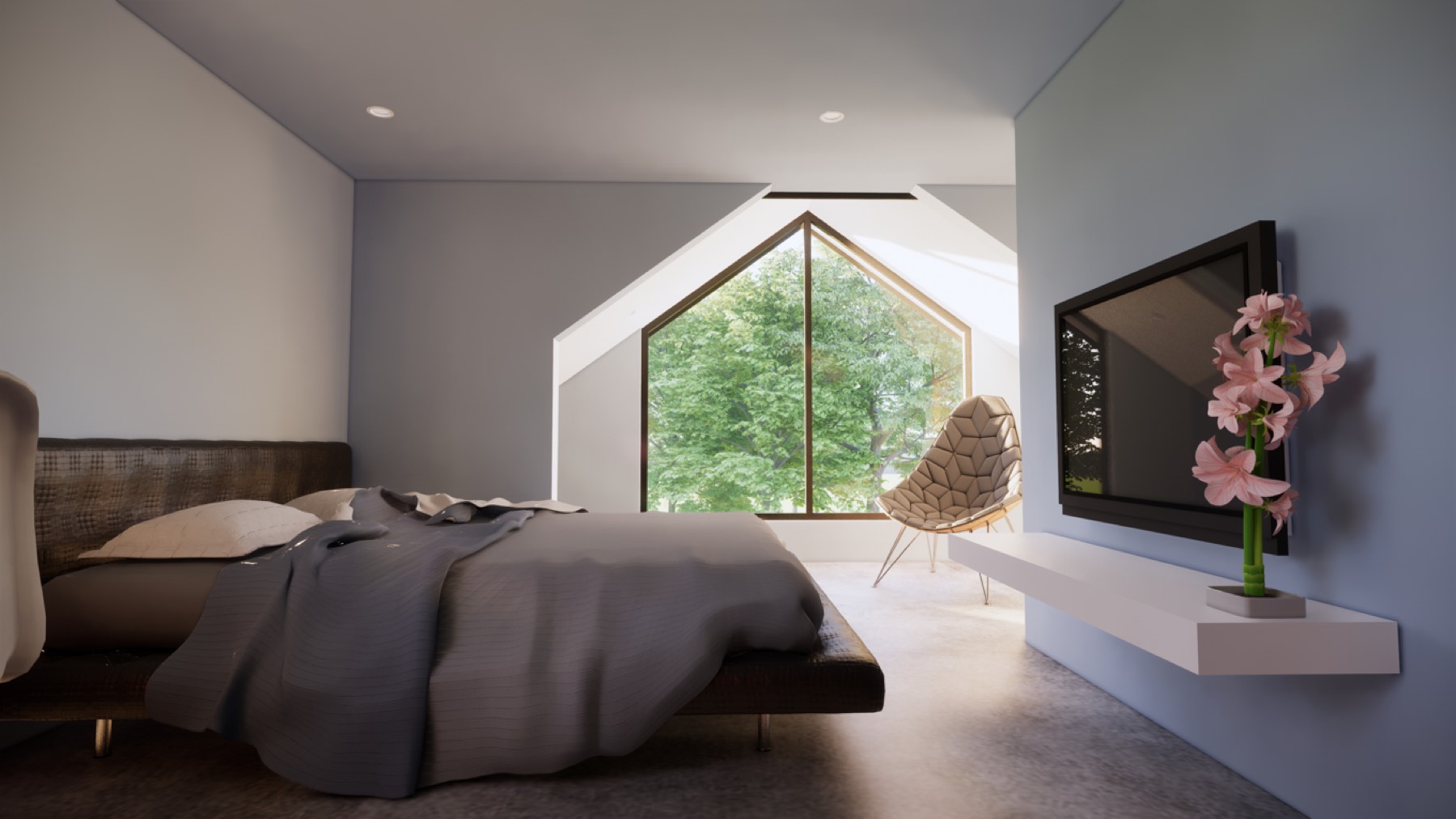 Loft bedroom with a gable window looking into trees
